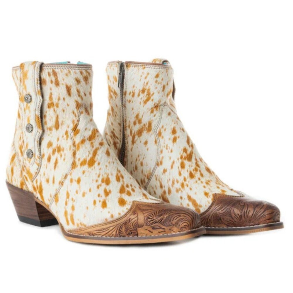 Myra WESTRO Hand Tooled Cowhide Western Ankle Boots Tan White Hair On Hide 8 NWT